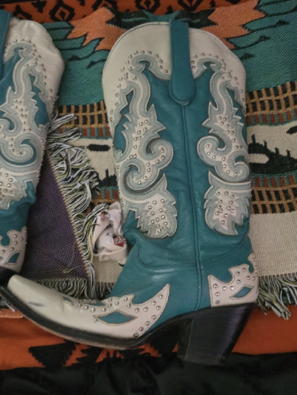 Women’s Teal and Cream Western Heeled Boots - Picture 8 of 10